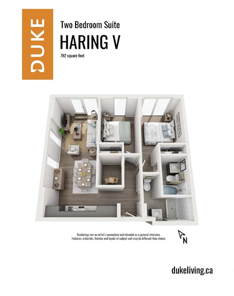 Floor plan for 2 beds, 2 baths, 792 sqft